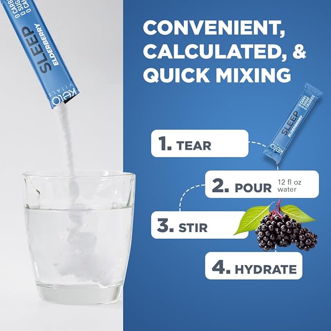 Keto Vitals Sleep Drink Electrolyte Sleep Powder Packets - Fast-Acting Sleep Blend of Melatonin 3mg, GABA, L-Theanine, & Ashwagandha - Elderberry, 30 Count