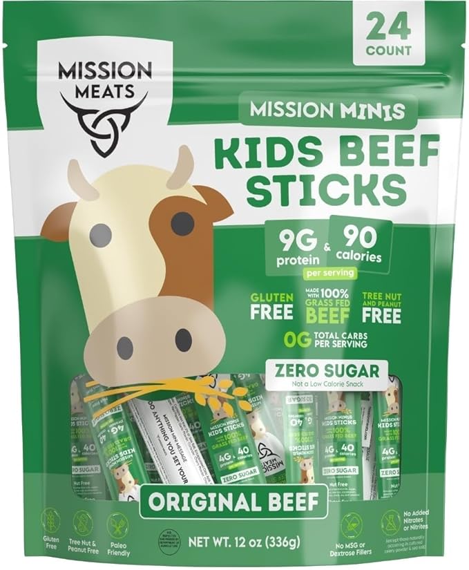Mission Meats Kids Beef Sticks – 100% Grass Fed & Pasture Raised, Healthy Snacks for Kids, Sugar Free Protein, Gluten & Nut Free, Individually Wrapped, Mini 0.5oz (24ct Bag)