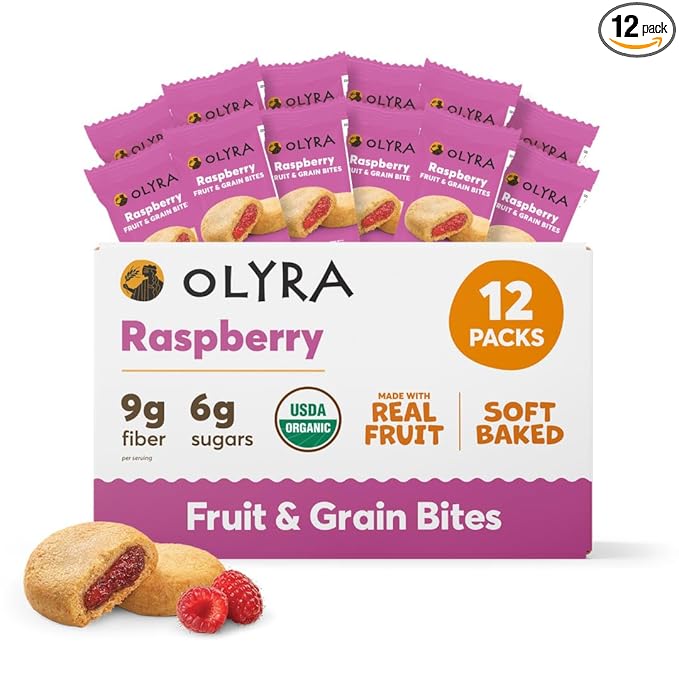 Olyra Raspberry Organic Fruit Snacks, Healthy Snacks for Adults and Kids, High Fiber Cookies, Low Sugar, Vegan, Office Breakfast Bars, USDA Certified Organic, Non GMO (Pack of 12)