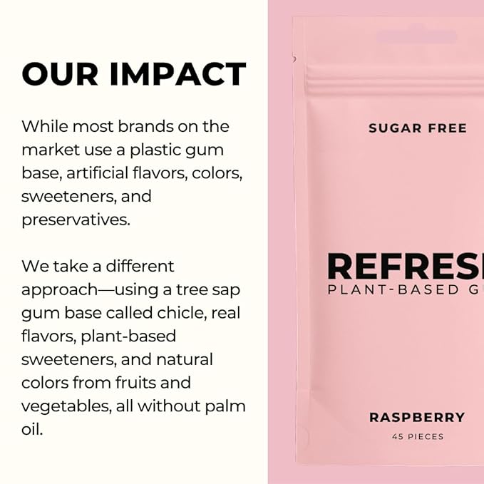 Refresh Gum Raspberry – Xylitol, Sugar Free Chewing Gum Pouch, Natural Flavor & Organic Ingredients – Aspartame Free, Plant-Based, Non-GMO – 45 Pieces