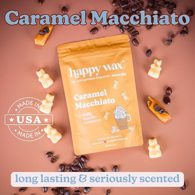 Happy Wax Caramel Macchiato Scented Bear Wax Melts - Natural Strong Coffee Scented - Infused with Essential Oils - Non Toxic & Pet Safe - (8 oz Pouch)