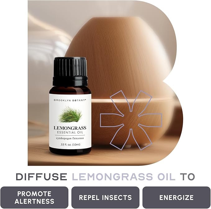 Brooklyn Botany Lemongrass Essential Oil - 100% Pure and Natural - Premium Grade Essential Oil - for Aromatherapy and Diffuser - 0.33 Fl Oz
