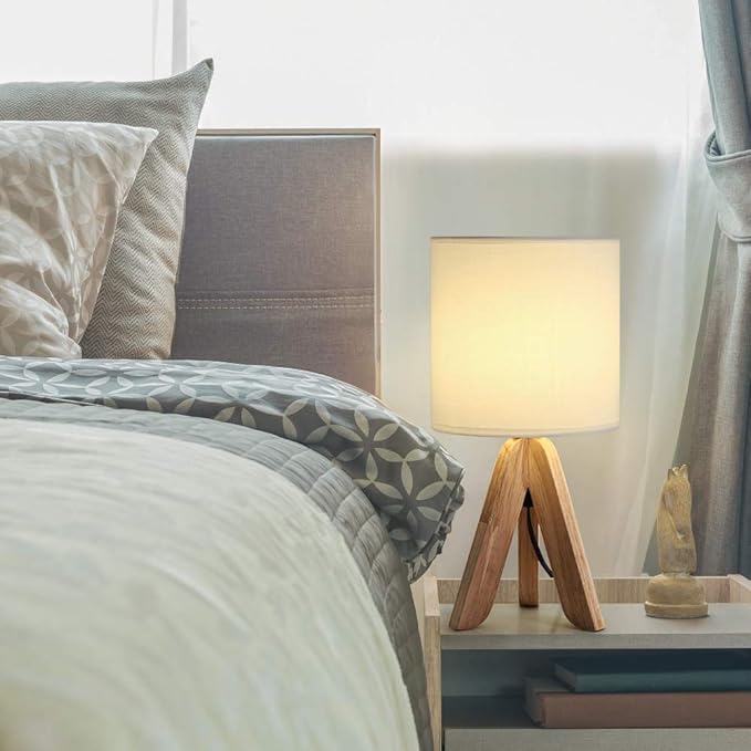 HAITRAL Small Bedside Table Lamp - Wooden Tripod Nightstand Lamp for Bedroom, Living Room, Office, Farmhouse, Home with Fabric Shade, White