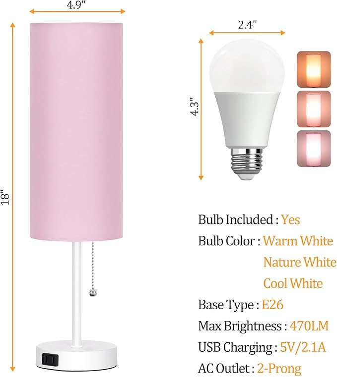 Dott Arts 18" Table Lamp for Bedroom, 3-Color Bedside Lamps with Pull Chain, Bedroom Table Lamps for Nightstand,AC Outlet Small Lamp for Living Room, Bulb Included Pink