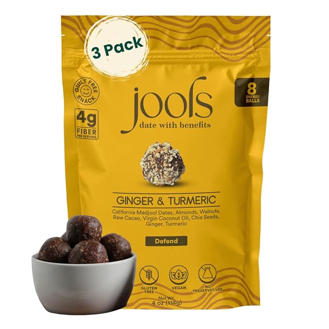 Jools Medjool Date Energy Bites with Ginger & Turmeric – Made with Organic Ingredients – Superfood Snack to Support Vitality – Tastes Like Golden Spice & Caramel – Chewy, Nutty, Naturally Sweet – No Added Sugar, Vegan & Gluten Free | 3 × 4 oz Pouches