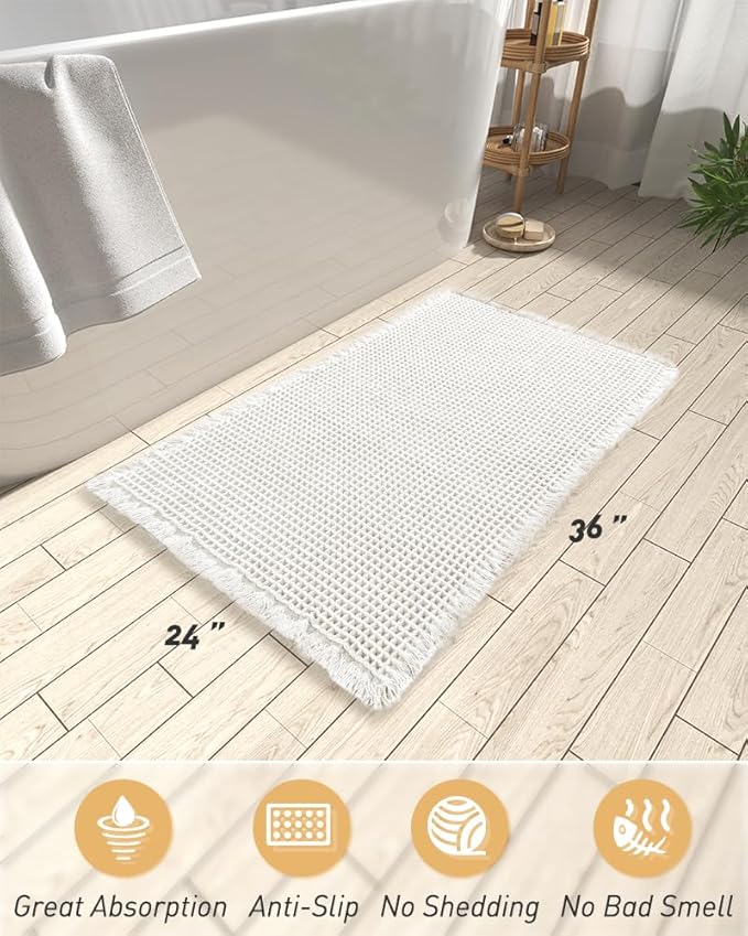 AMOAMI Upgraded Waffle Bath Mat, Super Absorbent Non Slip Bath Mats for Bathroom Floor, Machine Washable Boho Bathroom Rugs with Tassels, Rubber Backed Bathroom Mats, Ultra Soft, 24" x 36"