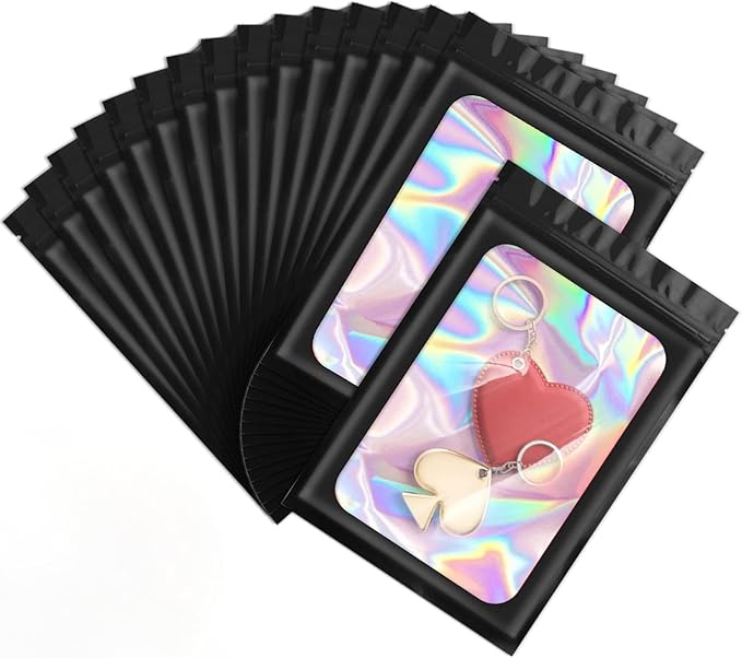 ANZNKU 100 Pcs Smell Proof Mylar Resealable Bags, Holographic Packaging Bags, Resealable Odor Foil Pouch Zip Bag with Clear Window for Food Storage and Lipgloss, Jewelry Lash (Black, 4.7 x 7.9 Inch)