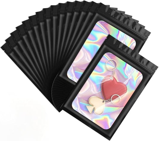 ANZNKU 100 Pcs Smell Proof Mylar Resealable Bags, Holographic Packaging Bags, Resealable Odor Foil Pouch Zip Bag with Clear Window for Food Storage and Lipgloss, Jewelry Lash (Black, 4.7 x 7.9 Inch)