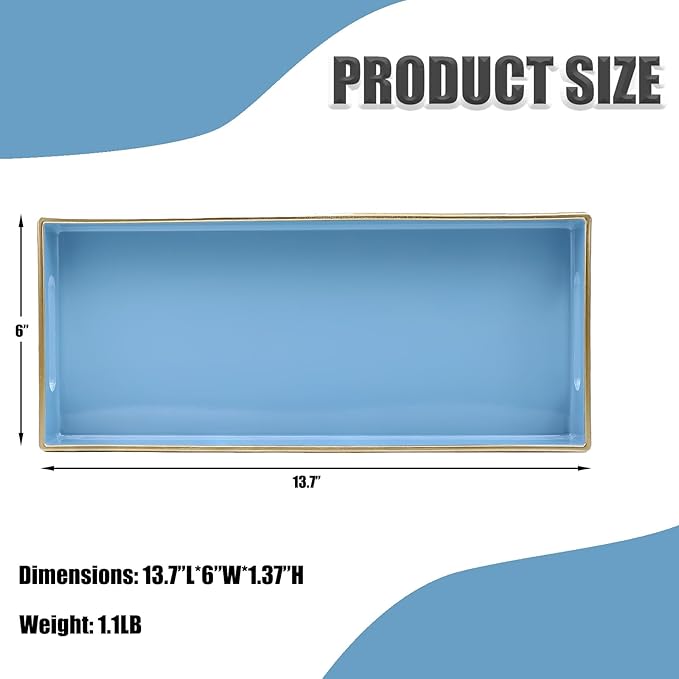 Blue Bathroom Vanity Tray for Countertop, Small Plastic Toilet Tank Versatile Storage & Organization Tray for Makeup, Perfume, Desk, Kitchen, Candles, 13.7"x6"x1.4", 35BL