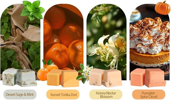 DEVI Assorted Scented Wax Melts with Dried Flowers(4 Pack), Natural Soy Wax Cubes Strong Scent - Plant-Based Scented Melts for Warmer, Pumpkin Spice, Citrus & Tonka, Peppermint & Sage, Honeysuckle