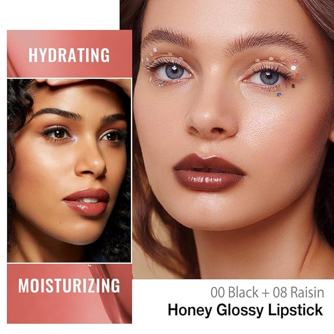 Kaely 2Pcs Honey Glossy Lipstick for Women, Black & Raisin Moisturizing Shine Lipstick for Dry Lips, Hydrating Nourishing Tinted Lip Balm, Sheer Lightweight Lip Gloss Stain Makeup, Vegan, 00+08