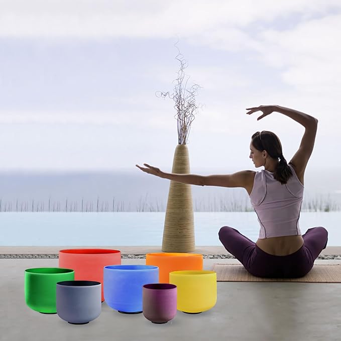 KRESEC 432Hz 6-12 Inch Crystal Singing Bowls Set of 7 – Multicolored Quartz Chakra Tuned Sound Healing Bowls for Meditation, Yoga & Reiki with Padded Cases, Suede Mallets & Silicone O-Rings