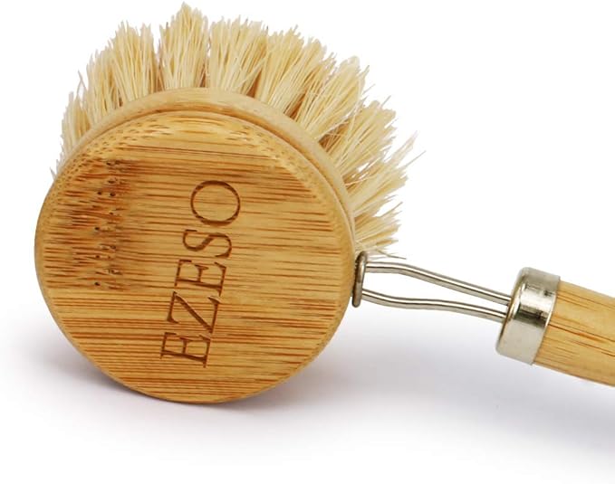 Ezeso Natural Bamboo Dish Scrub Brush Set 4 Piece, Wooden Pot & Bottle Brush