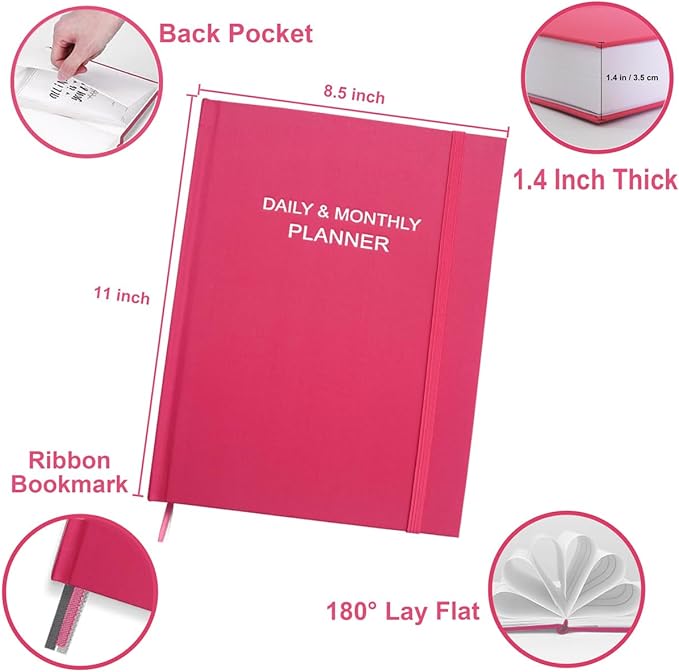 Daily & Monthly Planner for 2025 2026 or Anytime - ADHD Planner Two Pages Per Day, Daily Planner Undated to Increase Focus, Eliminate Overwhelm, Achieve Your Biggest Goals, 8.5'' × 11'', Pink