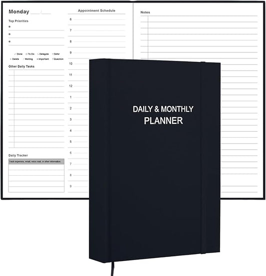 Daily & Monthly Planner for 2025 2026 or Anytime - ADHD Planner Two Pages Per Day, Daily Planner Undated to Increase Focus, Eliminate Overwhelm, Achieve Your Biggest Goals, 5.8'' × 8.3'', Black