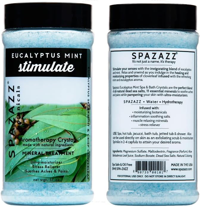 Spazazz Hot Tub Aromatherapy Bath Salt Crystals 3-Pack Bundle - Eucalyptus Mint Stimulate - Tropical Rain Revitalize - Honey Mango Arouse - Botanicals Collection Scents for Relaxing in Spas (17 oz)