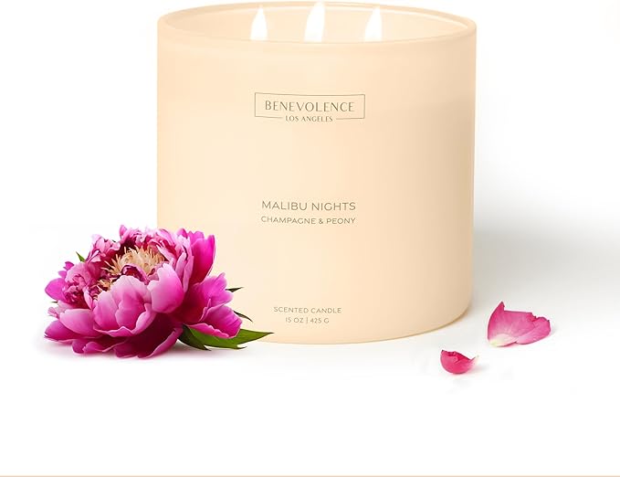 Champagne & Peony – Benevolence LA Large 3-Wick Fall Scented Candle for Home | 15oz, 50-Hour Burn | Natural Soy Wax, Cotton Wicks | Romantic Autumn Fragrance | Malibu Sands Collection – Gift for Women