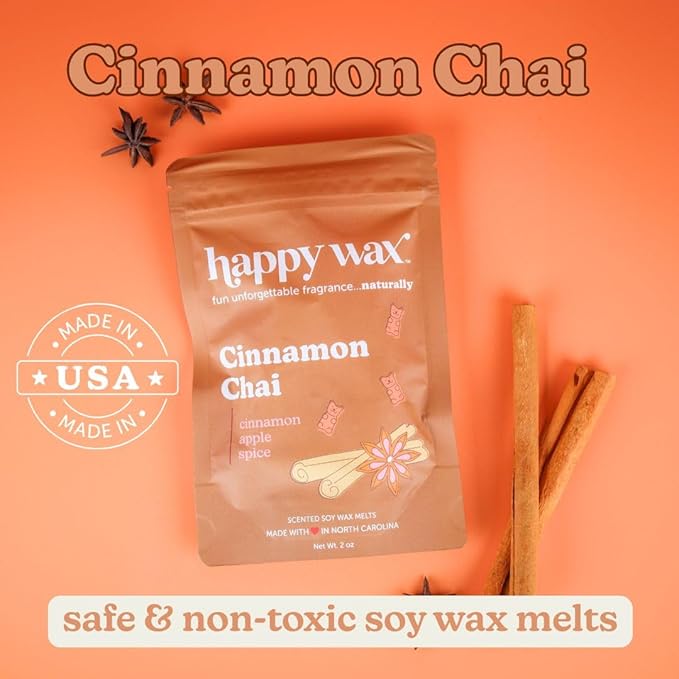 Happy Wax Cinnamon Chai Scented Bear Wax Melts - Natural Strong Fall Scented Infused with Essential Oils - Non Toxic - for use with Warmers (8 oz Pouch)