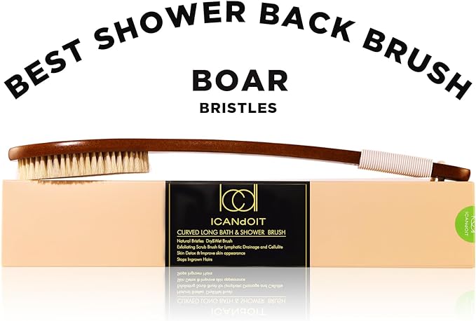 ICANdOIT-17.71Inch Natural Boar Bristles Anti-Slip Curved Long Handle Bath Brush,Bent Handle Shower Scrubber for Exfoliating,Shower Back Brush