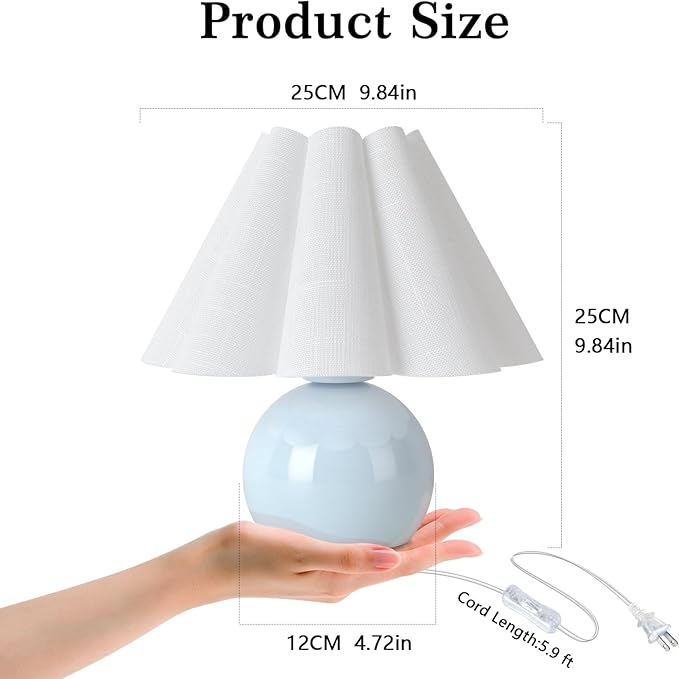 Light Blue Small Bedside Mini Table Lamp for Bedroom, Cute Bedroom Lamps for Nightstand, Cute Mini Table Lamps for Small Spaces with Scalloped Shade for Kitchen Counter, Bookshelf, Kids Dorm, Office