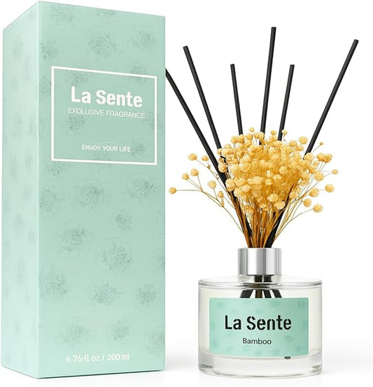 Reed Diffuser Set, Glass Bottle with Black Rattan Sticks, Dried White Flowers, 6.7fl oz, 200ml (Bamboo)