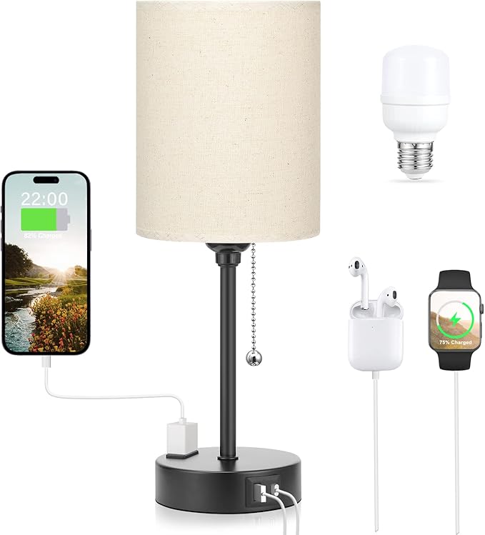 Beige Small Lamps 3 Levels Brightness - 3000K 4000K 5000K Bedside Lamps with USB C and A Ports, Pull Chain Table Lamps with AC Outlet, Nightstand Lamps with Black Metal Base for Bedroom Kids Reading