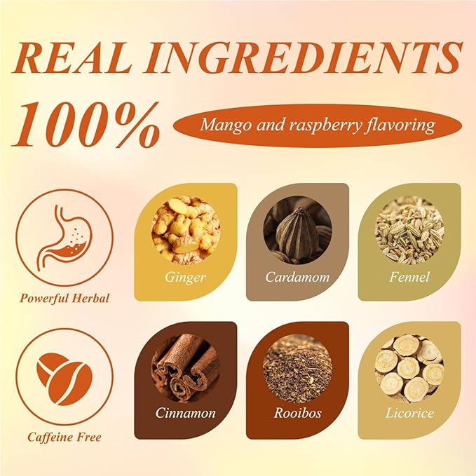 WT WEETEE Mango Ginger Tea Bags, 2g x 100 Counts, Flavored Ginger Herbal Tea Includes Cardamom, Fennel, Cinnamon, Rooibos, Licorice & More, Natural Caffeine-free