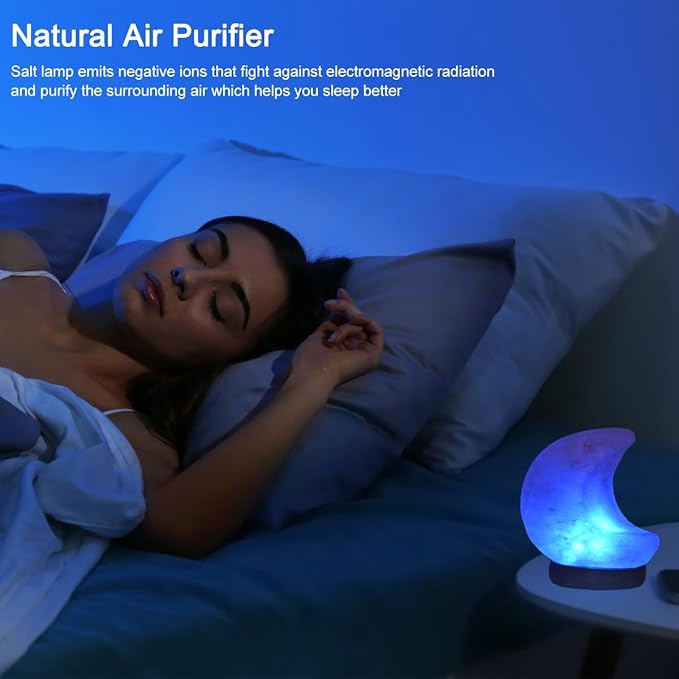 FANHAO Himalayan Salt Lamp, 100% Authentic Natural Hand Carved Moon Pink Crystal Rock Salt with 8 Color Changing, USB Salt Rock Lamp Night Light for Home Decor and Gift, Neem Wooden Base