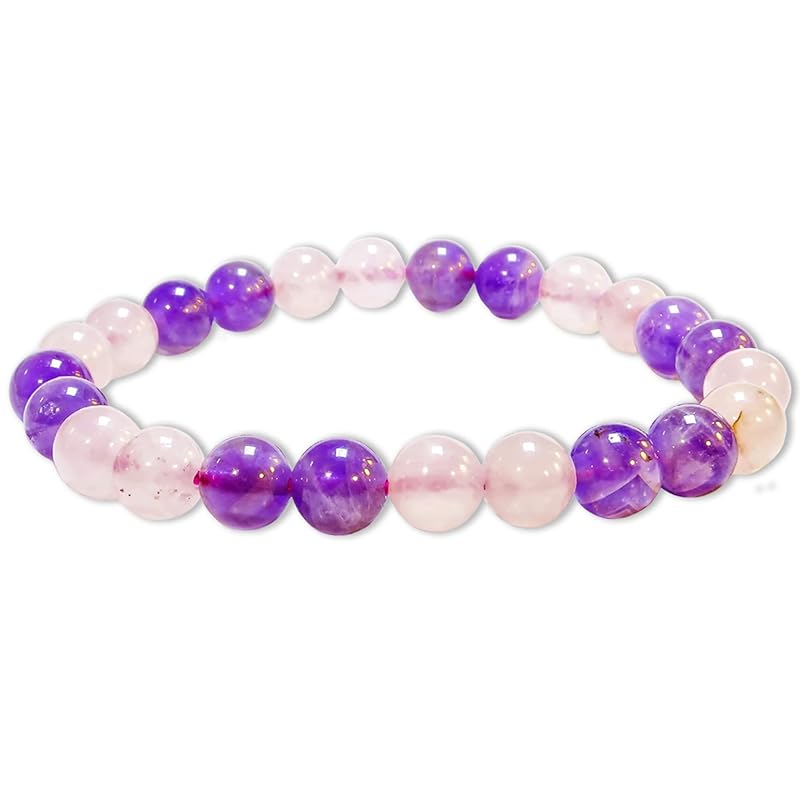 Amethyst, Rose Quartz Bracelet, Natural Healing Crystal Bracelet for Women and Men, 8mm Round Beaded Bracelet for Spiritual, Protection, Positive Energy, Elastic Adjustable Size Gemstone Bead Bracelet