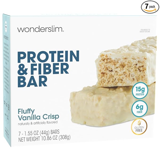 Wonderslim High Fiber Protein Bars, Fluffy Vanilla Crisp | 15g Protein, 6g Fiber | Low Sugar, Low Carb | Healthy Indulgence | Satisfying, Supports Energy & On-the-Go Convenience, 7 Pack