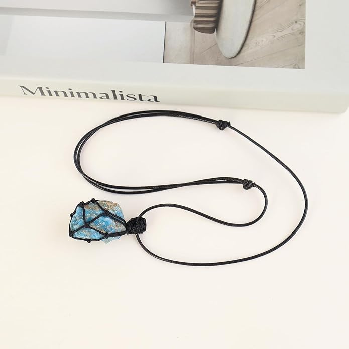 Handmade Natural Gemstone Crystal Pendant Necklace Stone Holder Necklace Cord Net Necklace with Adjustable Length for Women Men