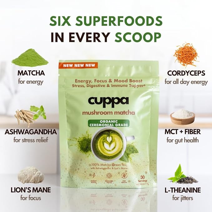 Cuppa Healthy Mushroom Matcha with Lion's Mane & Ashwagandha for All Day Energy & Focus - No Crash or Jitters - Nootropics for Brain Health, Gut Health, Immunity, Stress, Memory + Mood (30 Servings)