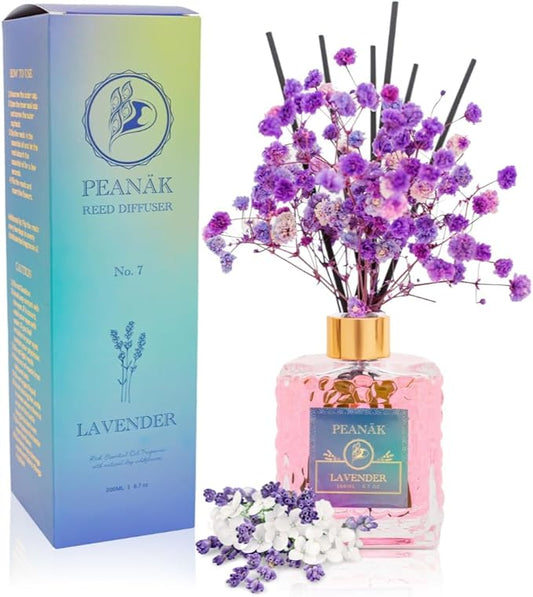 Reed Diffuser Set - French Lavender Oil, Oil Diffuser Sticks, Bathroom Diffuser, Bathroom Decor, 200ml with Preserved Flowers - PEANÄK