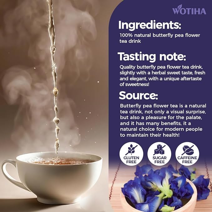 WOTIHA-Natural Butterfly Pea Flower Tea 75g.100% Natural Butterfly Pea 50 Herbal Tea.Non-GMO • Additive-Free • Caffeine-Free • Sugar-Free • Vegan