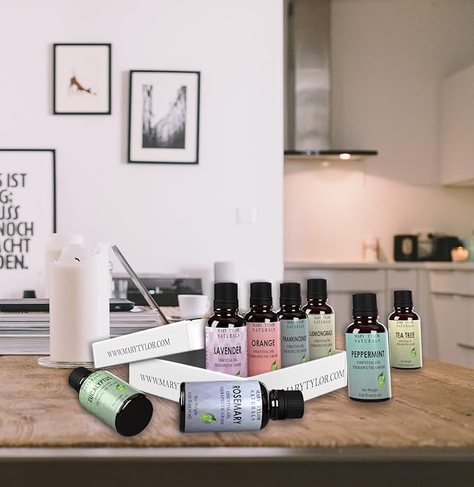 Essential Oils Set, Top 8 x 10 ml Each, Lavender Peppermint Orange Lemongrass Rosemary Eucalyptus Tea Tree Frankincense Therapeutic Grade, for Aromatherapy, Diffuser, DIY by Mary Tylor Naturals