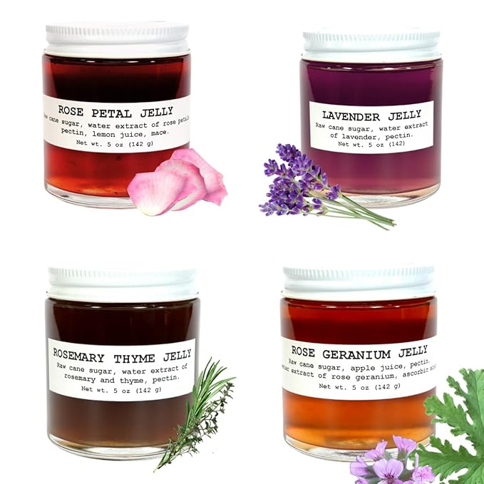 Four Pack Herbal Jam and Jelly Gift Set | Lavender Jelly | Rose Geranium Jelly | Rose Petal Jelly | Rosemary Thyme Jelly | 4-pack - 5 oz Jars | Mini Jam Jars Gift - Unique Gourmet Flavors