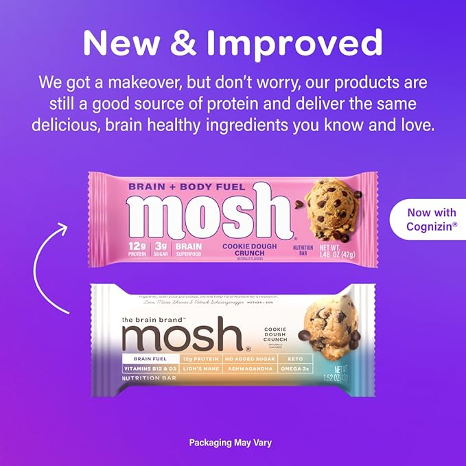 MOSH Cookie Dough Crunch Keto Protein Bars, High Fiber, Low Carb, Gluten Free, High Protein, Brain Healthy Snack, 12 Count