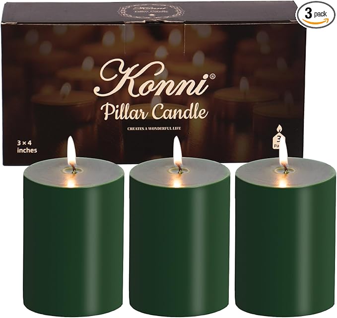KONNI Navy Green Pillar Candles Set of 3, 3"x 4" Unscented Pillar Candles Bulk, 39 Hours Long Burning Candles, Smokeless&Dripless Large Round Candle for Wedding, Home Decoration, Parties, Spas, Dinner
