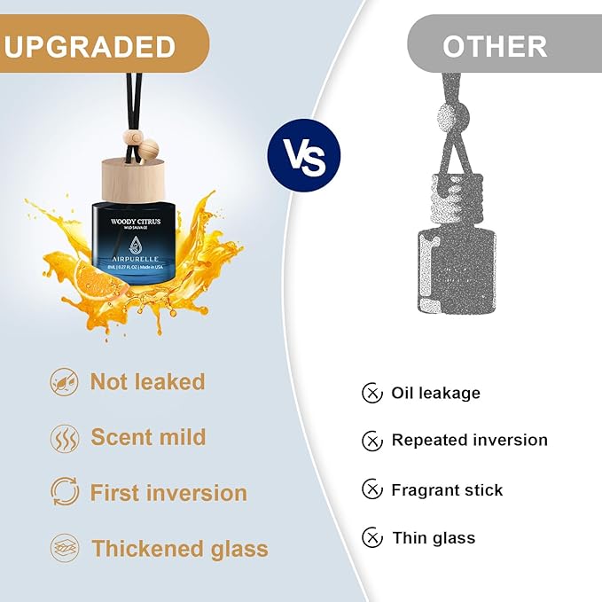 Car Air Freshener Hanging 2 Pack A ir Fresheners Diffuser - Woody Citrus Fragrance Oil Air Diffuser for Car, 45+ days Long Lasting Fragrance, Two 0.27 FL OZ/8ML Made in USA