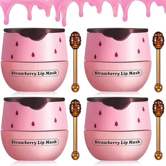 4 PCS Strawberry Lip Balm, Vitamin E Lip Masks Moisturizing Propolis Sleeping Lip Mask, Effective Reduces Lip Lines Prevention Dry and Cracked Lip Scrubs Exfoliator Smoothing Dry Lip Care