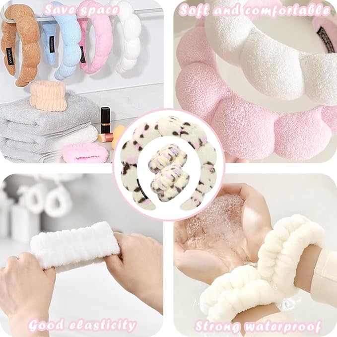 Spa Headbands for Washing Face Wristband Set Sponge Makeup Skincare Headband Wrist Towels Bubble Soft Terry Towel Cloth Hairband for Women Puffy Headwear Non Slip Thick Thin Hair Headwear
