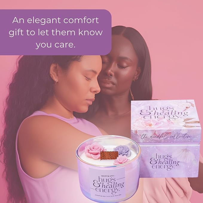 Hugs and Healing Energy Sympathy Candle. 12oz Wooden Wick Candle with Natural Soy Wax. Memorial, Grief Gift for Loss of Loved One, Get Well Soon Gift with Iridescent Glass Jar & Floral Design