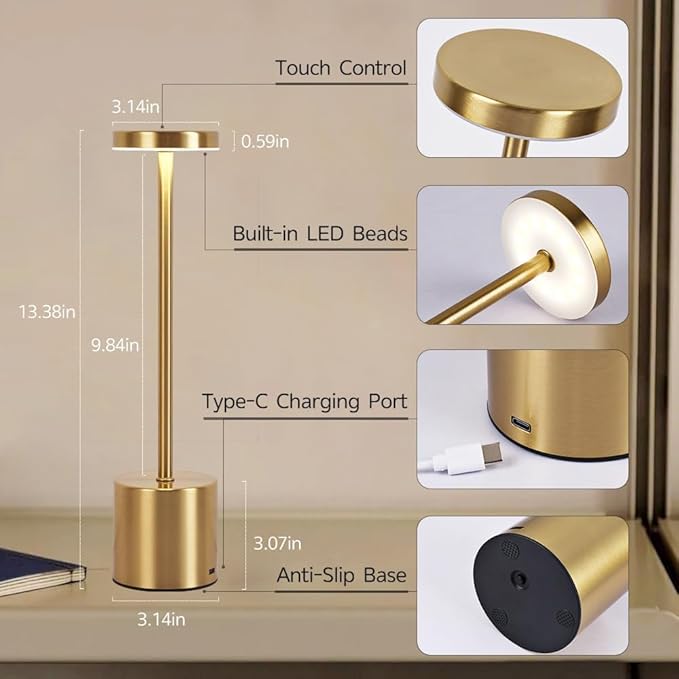 2 Pack LED Cordless Table Lamps, 3 Color Stepless Dimming Battery Powered Lamp, Portable Rechargeable Table Lamp for Dinner/Bars/Patio/Restaurant/Bedroom (Gold)