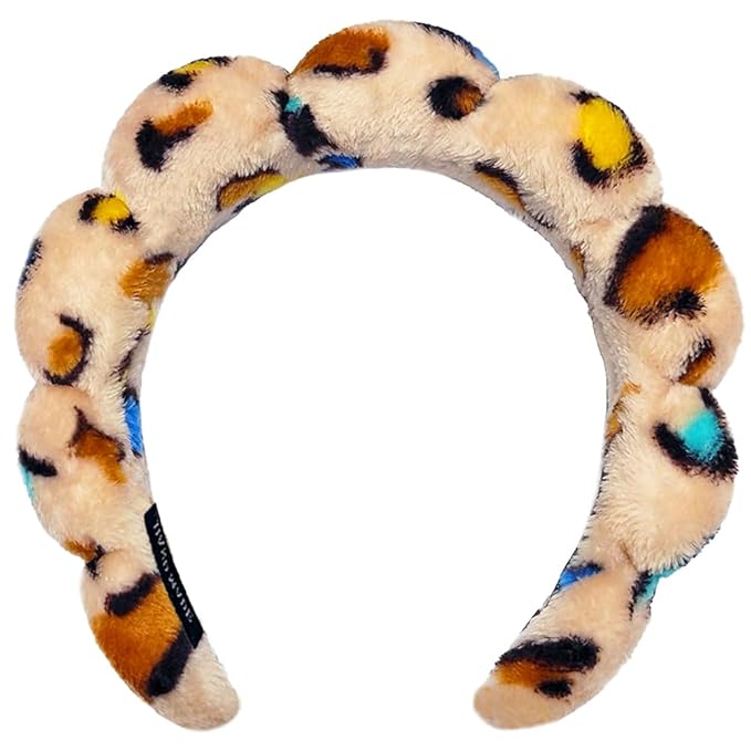 Spa Headbands for Washing Face or Makeup, Sponge Bubble Skincare Headbands, Puffy Terry Cloth Hairband for Women, Skin Care Makeup Headwear Hair Accessories for Girls (Leopard Brown)