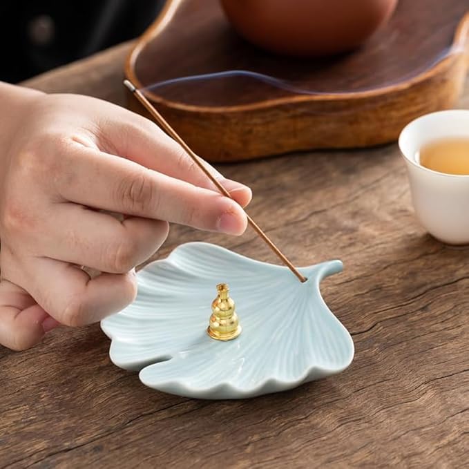 2-Style Ceramic Incense Burner, Bodhi&Ginkgo Leaf Design, Ceramic Incense Holder for Sticks with Ash Catcher&Built-in Stand, Zen Meaning Decor for Home, Office&Yoga/Sage/Cone(Brown and White)