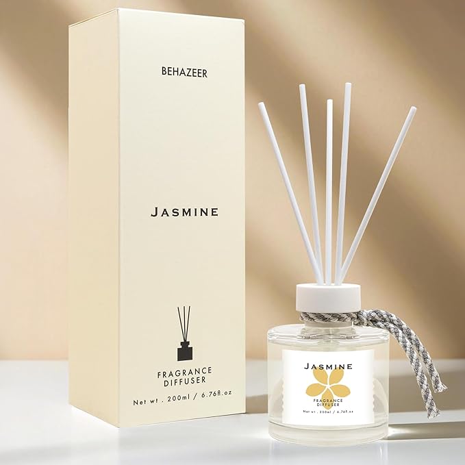 Jasmine Reed Diffuser Set, 6.77OZ(200ML) Large Capacity Natural Non-Toxic Oil, Reed Diffusers Set for Home