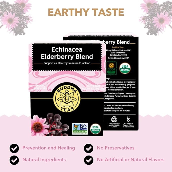 Buddha Teas - Organic Echinacea Elderberry Blend - Herbal Tea - For Health & Wellbeing - With Antioxidants & Minerals - Clean Ingredients - No Caffeine - OU Kosher & Non-GMO - 18 Tea Bags (Pack of 1)