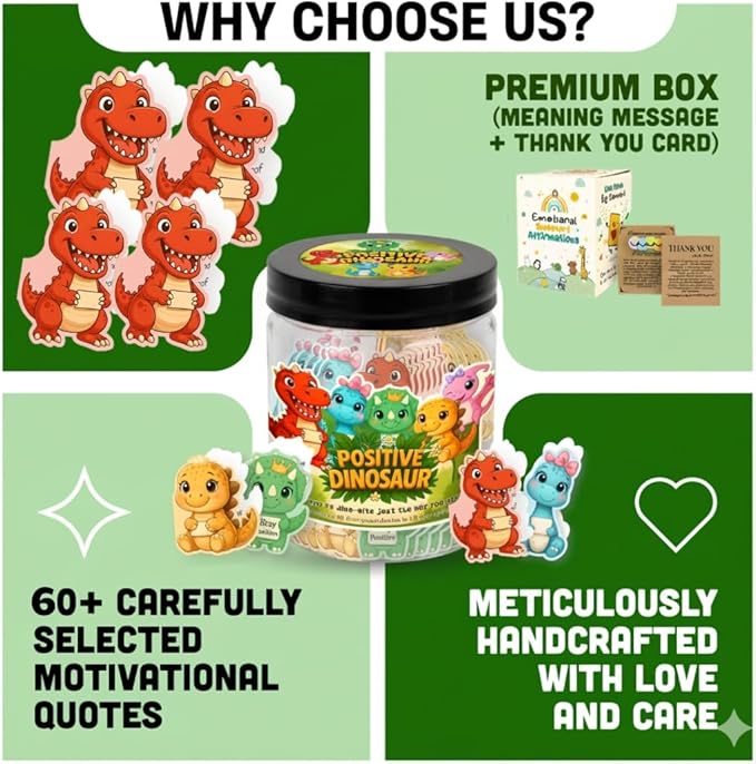 Positive Dinosaur Jar with 60 Daily Affirmation Cards, Emotional Support Dinosaur, Dinosaur Gift, Dinosaur Gifts For Women, Dinosaur Gift For Adults, Dinosaur Gifts For Teen Girls