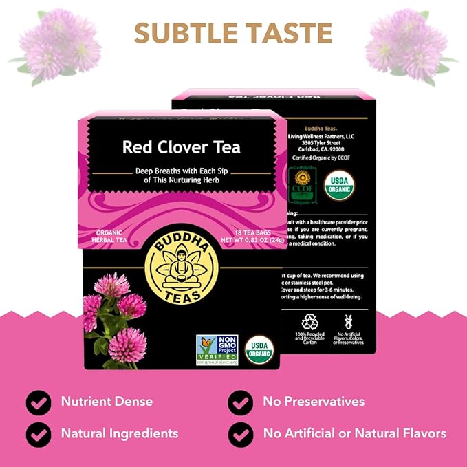 Buddha Teas - Red Clover Flower Tea - Organic Herbal Tea - For Women’s Health - Balance & Boost - Caffeine Free - 100% Kosher & Non-GMO - 18 Tea Bags (Pack of 3)