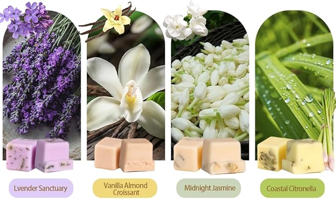 DEVI Scented Wax Melts with Dried Flowers, Natural Soy Wax Cubes Strong Scent - Fall Scented Candle Melts for Warmer, Vanilla Almond Biscuit, Lavender & Eucalyptus, Jasmine, Citronella, 4 Pack